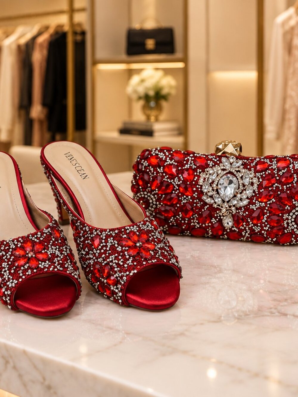 Nigerian Luxury Fashion Ladies High Heel Slippers and Bags Set with Rhinestones